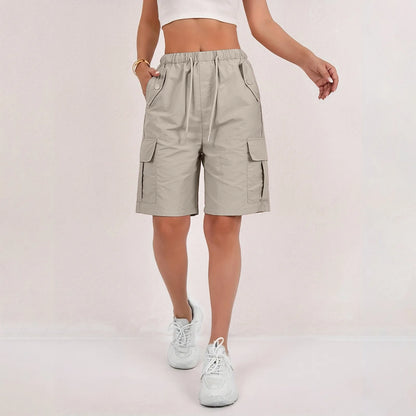 Elastic Waist Flap Pocket Cargo Shorts For Women