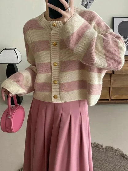 Parisian Playfulness: The Signature Cherry-Striped Cropped Cardigan