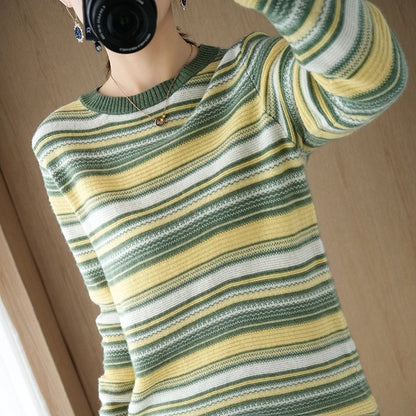 2024 Autumn Winter Womens Striped O Neck Sweater O Neck Long Sleeves Oversized Fit