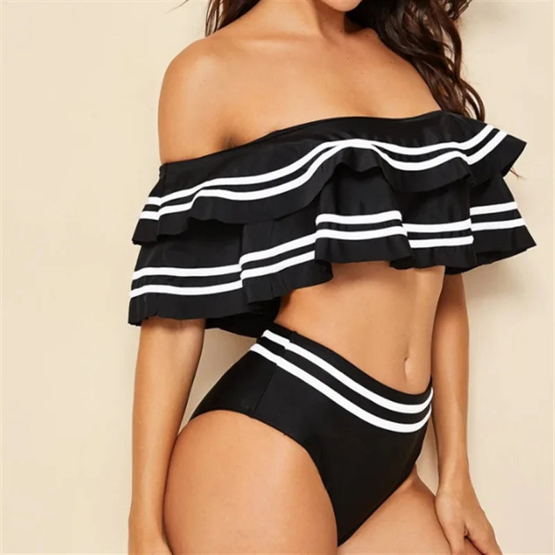 8x Plus Size Women Point Striped High Waist Bikini Sets