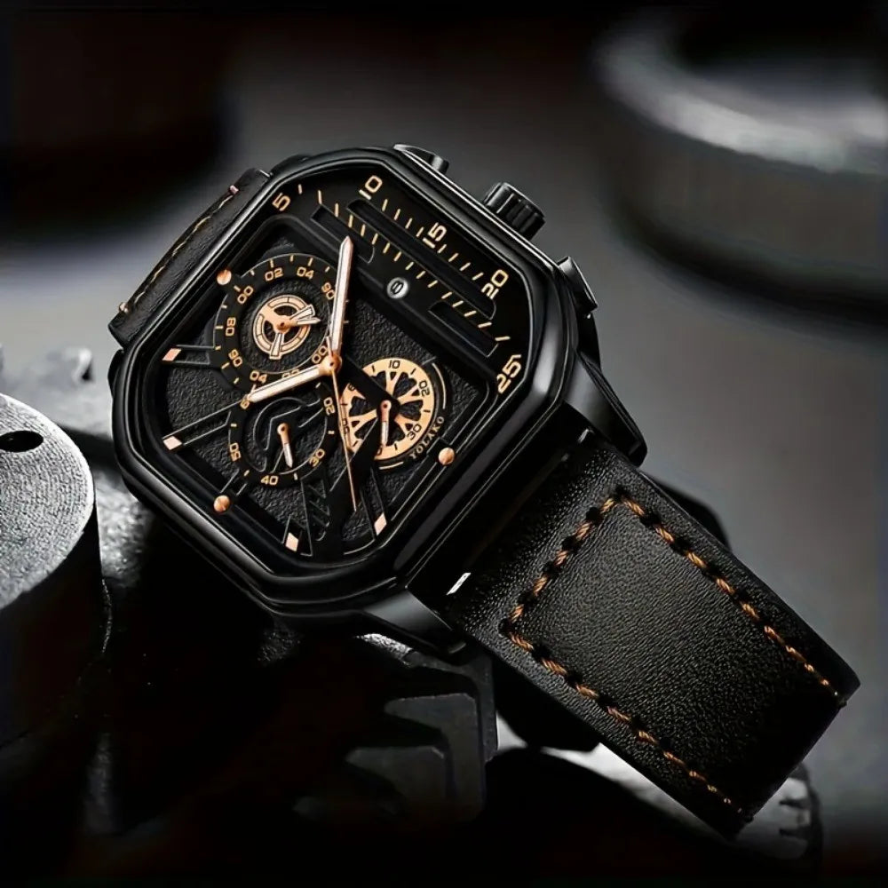 Mens Mechanical Dial Square Case Leather Band Casual Watches