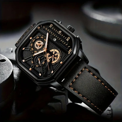 Mens Mechanical Dial Square Case Leather Band Casual Watches