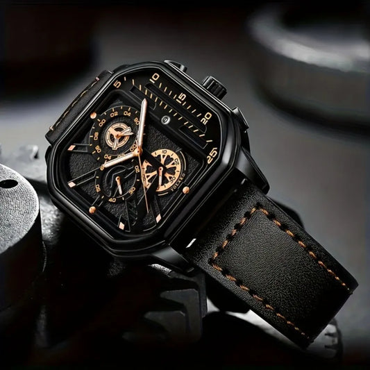 Mens Mechanical Dial Square Case Leather Band Casual Watches