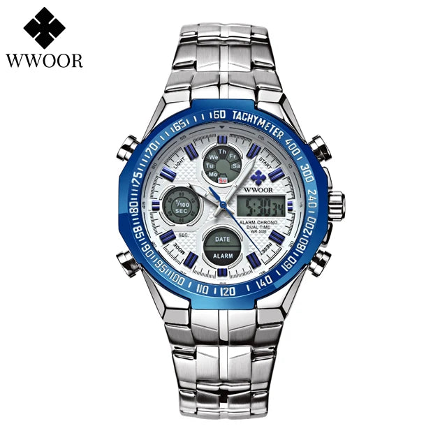Mens Dual Rich Display Stainless Steel Golden Class Watches