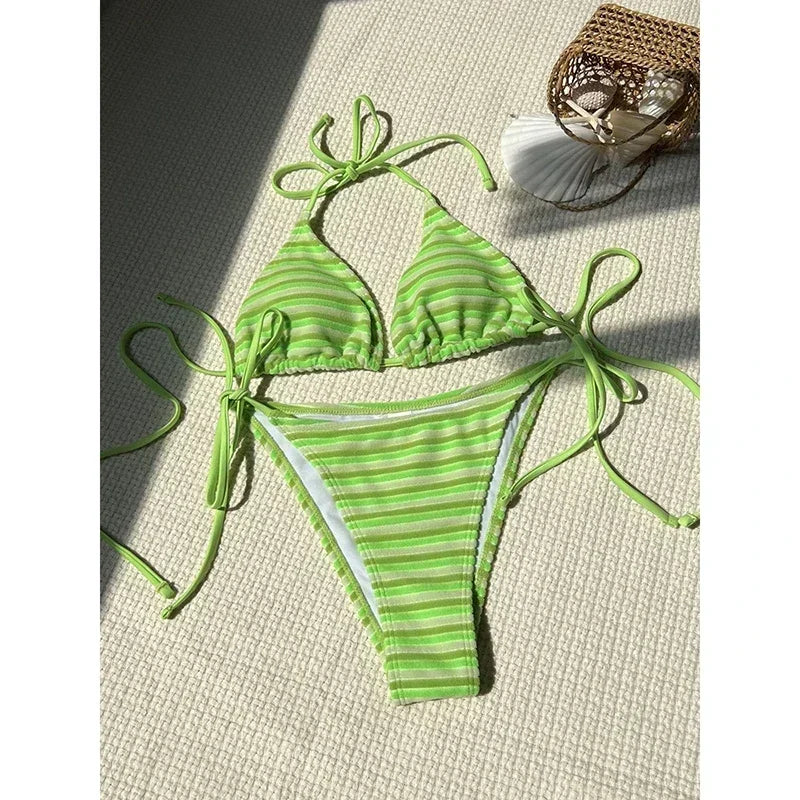 Summer Print Swimsuits Tankini Sets Fashion Split Colored Bikini Striped Swimming Suit Open Back Swimsuit