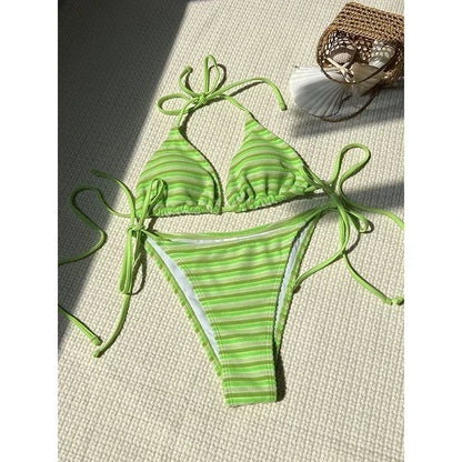 Summer Print Swimsuits Tankini Sets Fashion Split Colored Bikini Striped Swimming Suit Open Back Swimsuit
