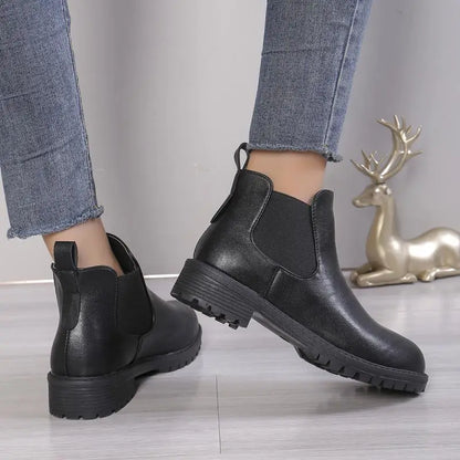 Women Cow Leather Round Toe Thick Sole Ankle Chelsea Boots