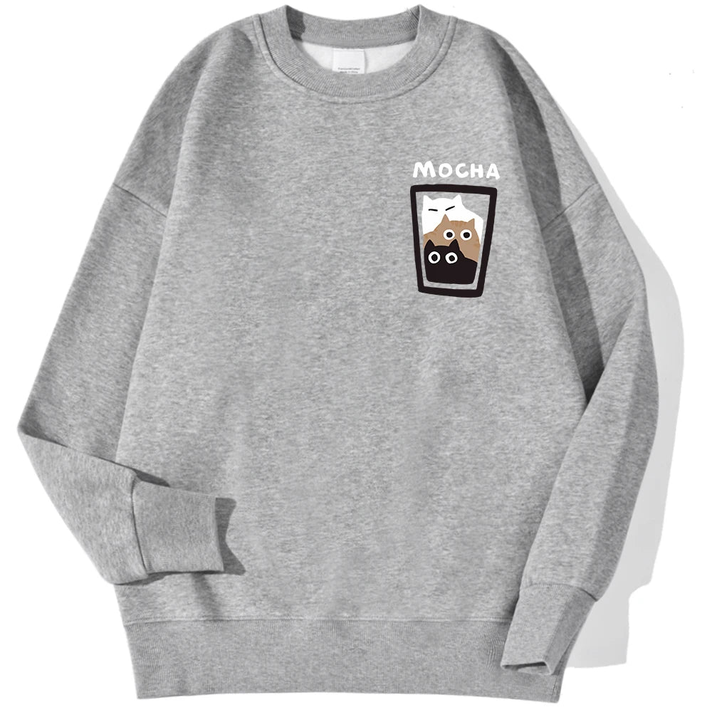Mocha Cat Cup Printed Crew Neck Sweatshirts