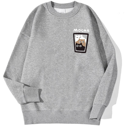 Mocha Cat Cup Printed Crew Neck Sweatshirts