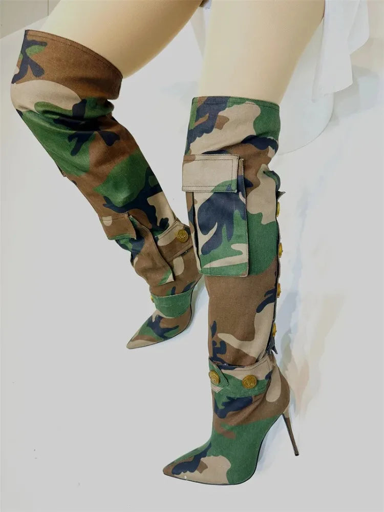 Designer Camouflage Themed Knee Length High Heel Boots