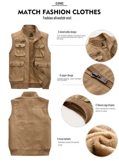 Men's Military Fleece Vest: Multi-Pocket Sleeveless Jacket for Winter Warmth in Black