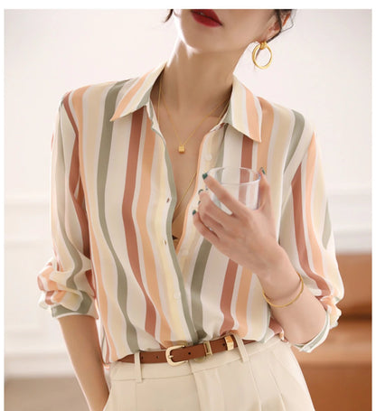 Stripe Satin Shirt for Women – Vintage 2025 Autumn Korean Fashion Blouse, Elegant Basic Tops for Women