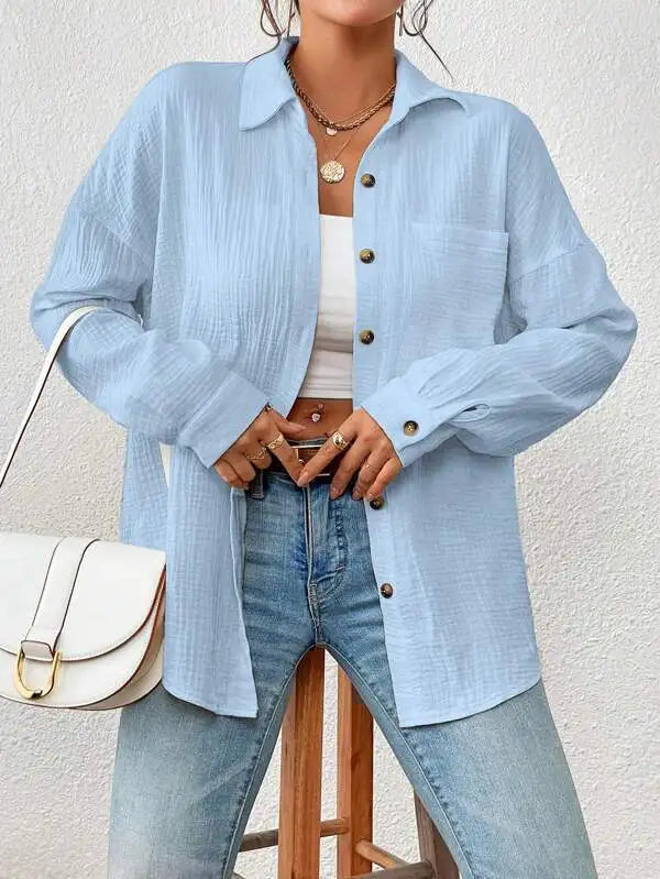 Women’s Cotton Button Down Shirt – Casual Long Sleeve Collared Office Blouse