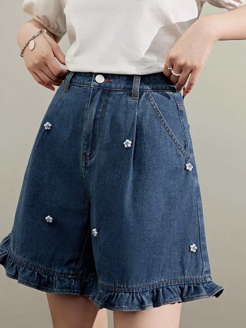 Coquette Aesthetic: Beaded Floral Ruffle Denim Shorts