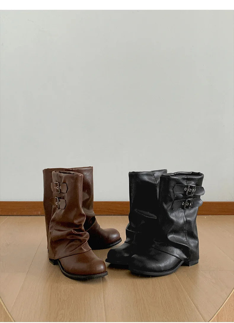 Vintage Western Cowgirl Boots 2025 - Buckle Strap Mid-Calf Boots for Women