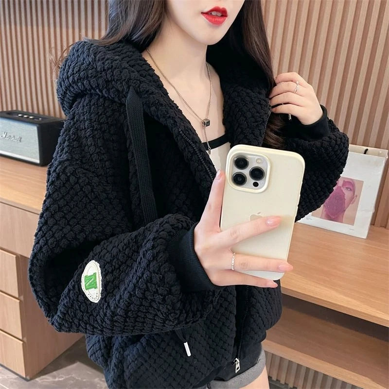Embroidered Sheep Hooded Sweatshirt Autumn Winter Imitation Lamb Wool Plush Hoodie For Women