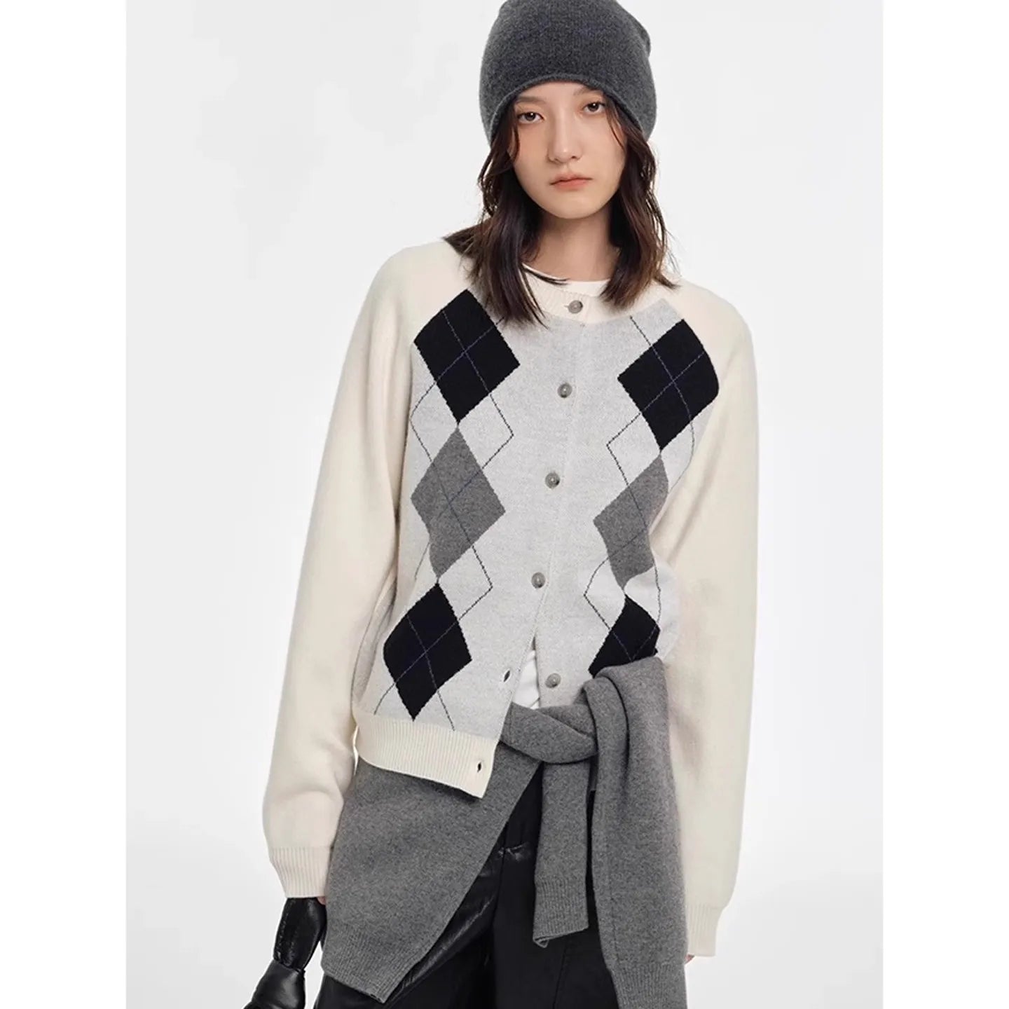 Diamond Square Slice Patterned Elegant Autumn Cardigan