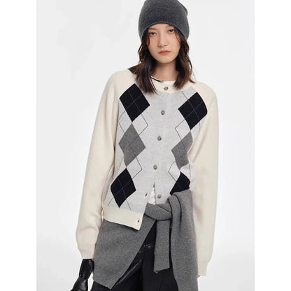 Diamond Square Slice Patterned Elegant Autumn Cardigan