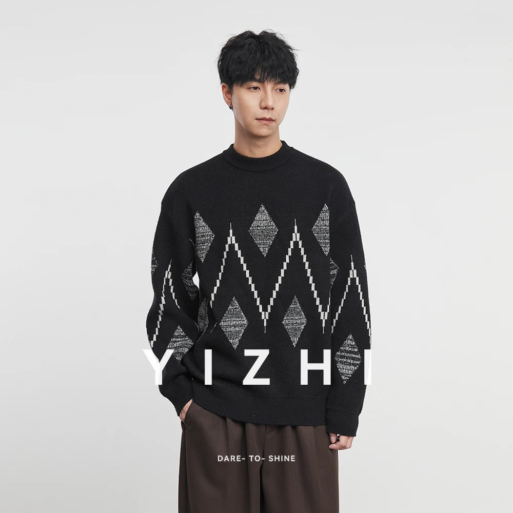 Minimalist Streetwear: Men's Oversized Argyle Geometric Knit Sweater