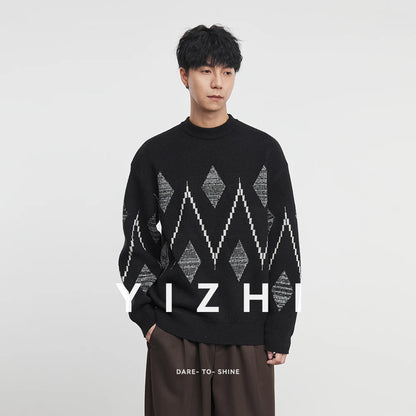 Minimalist Streetwear: Men's Oversized Argyle Geometric Knit Sweater