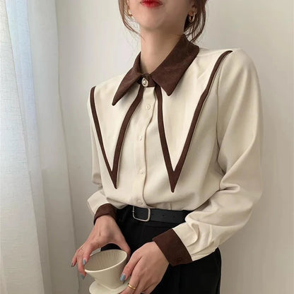 Korean Style Preppy Long Sleeve Shirt – Color Block Lapel Slimming Loose Fit Top for Women, Spring & Autumn Fashion