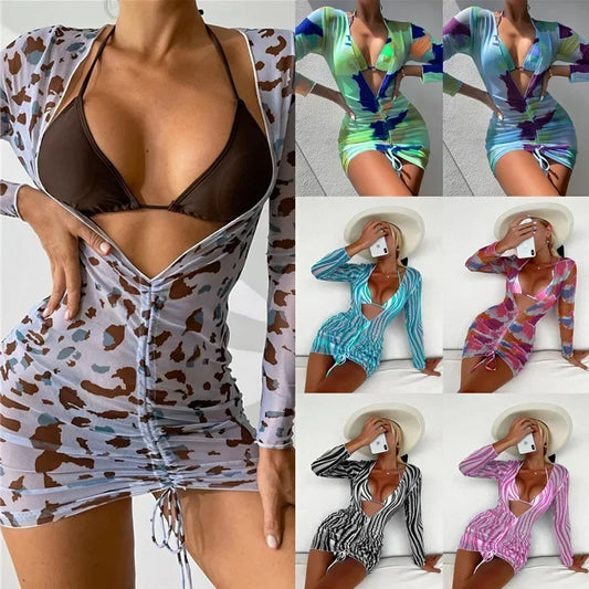 Long Sleeve Dress Style Elegant Print One Piece Bikini