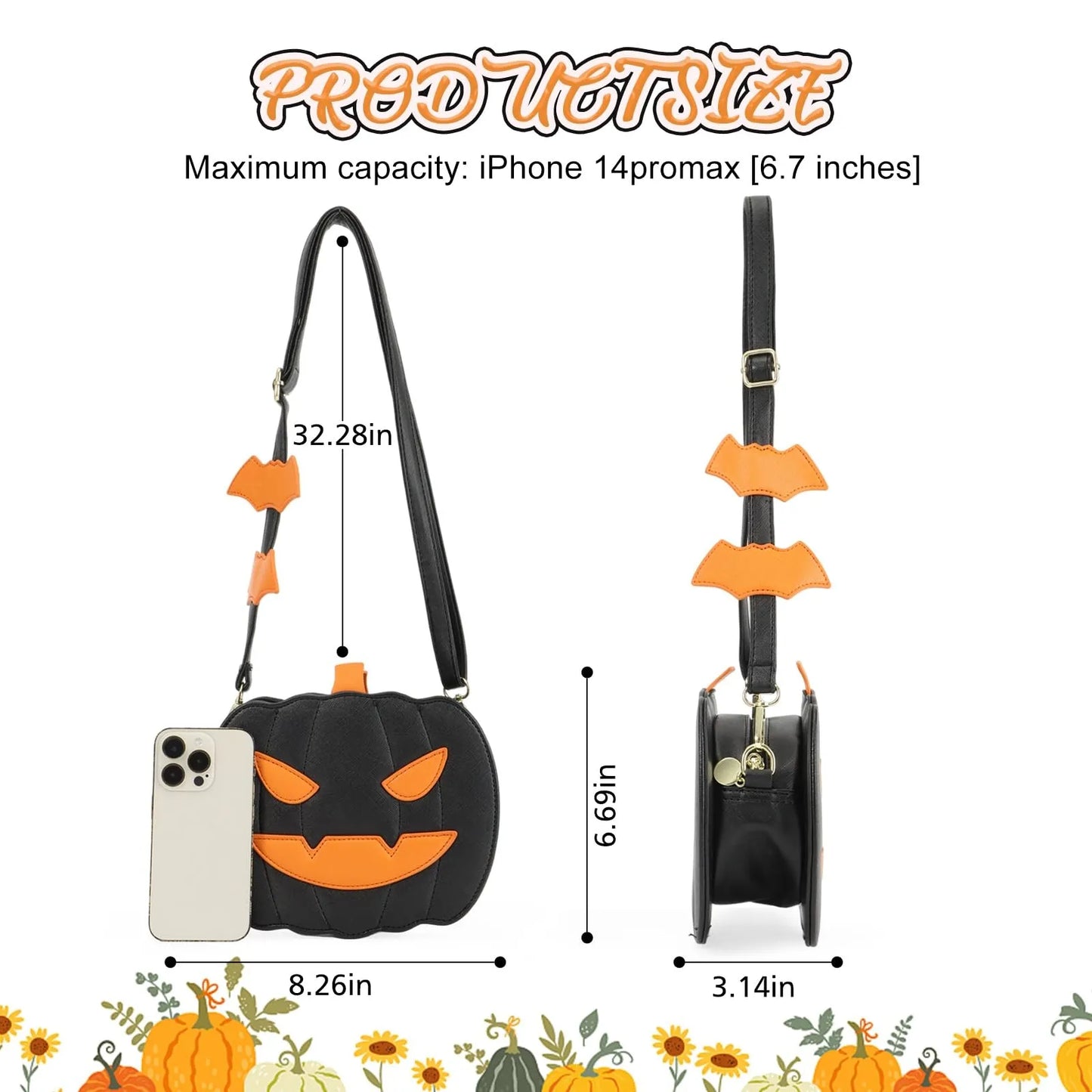 Halloween Pumpkin Purse Pu Leather Demon Messenger Bag With Adjustable Strap Zipper
