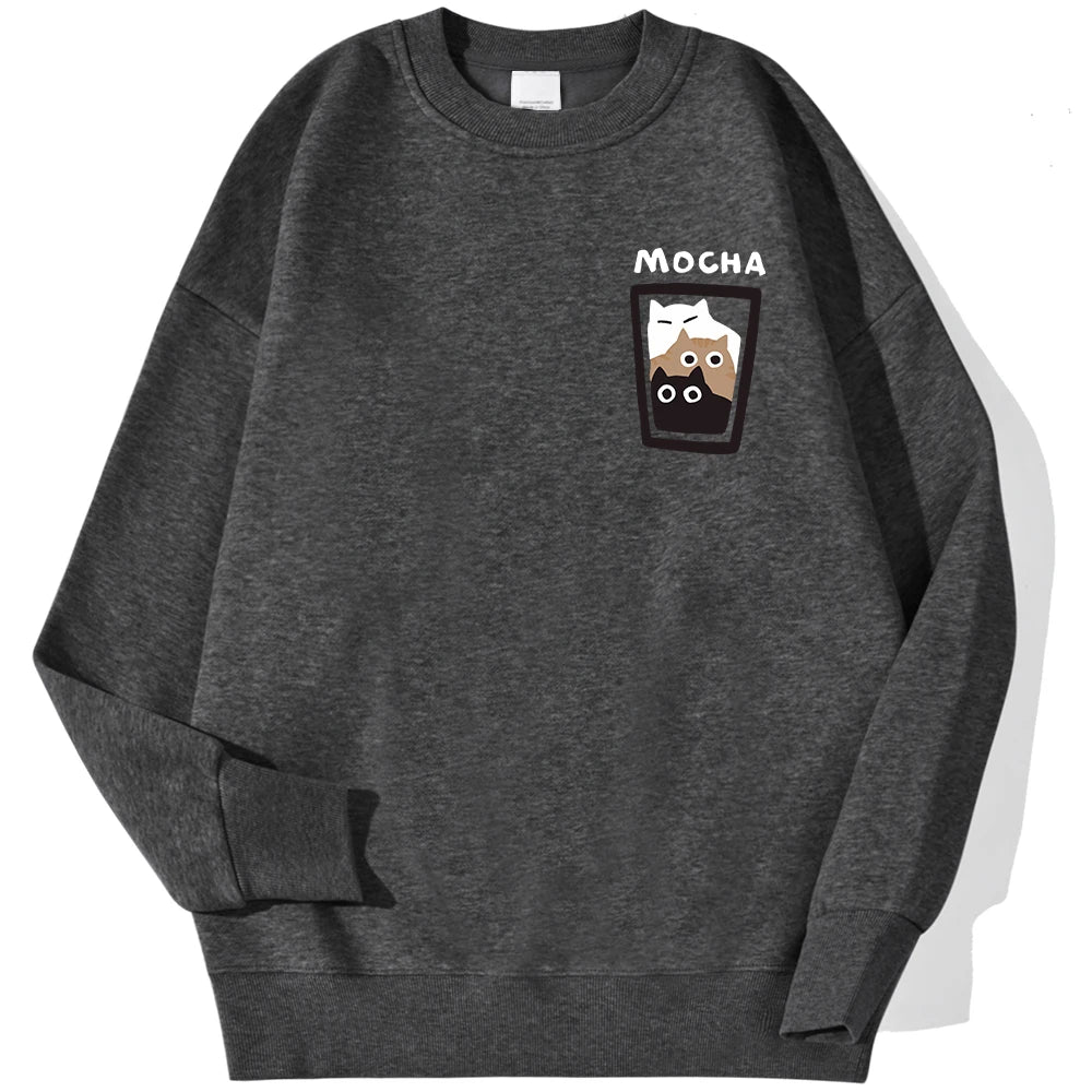 Mocha Cat Cup Printed Crew Neck Sweatshirts