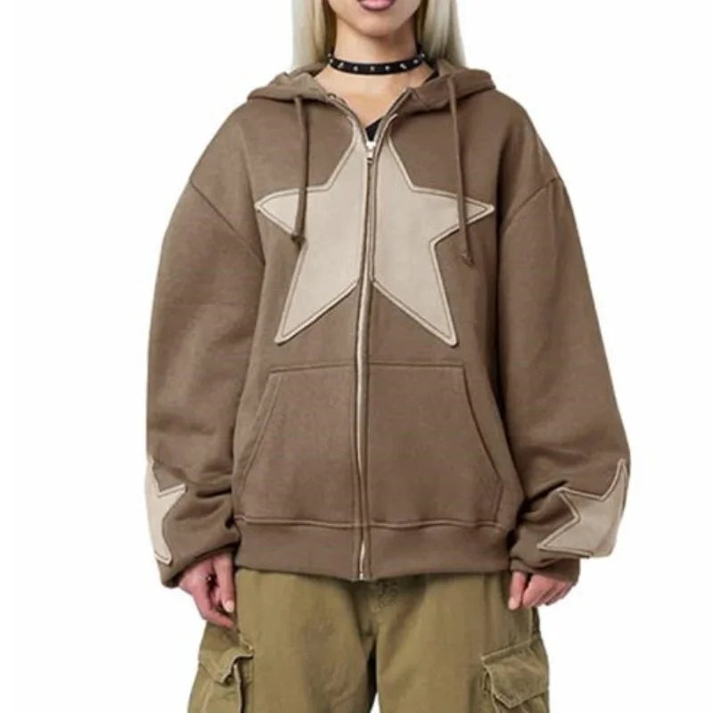 Y2k Star Patch Zip Up Hoodie Oversized Gothic Streetwear Sweatshirt For Women