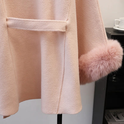 Lace-Up Wool-Blend Cape Coat – Elegant Autumn Winter Overcoat for Women