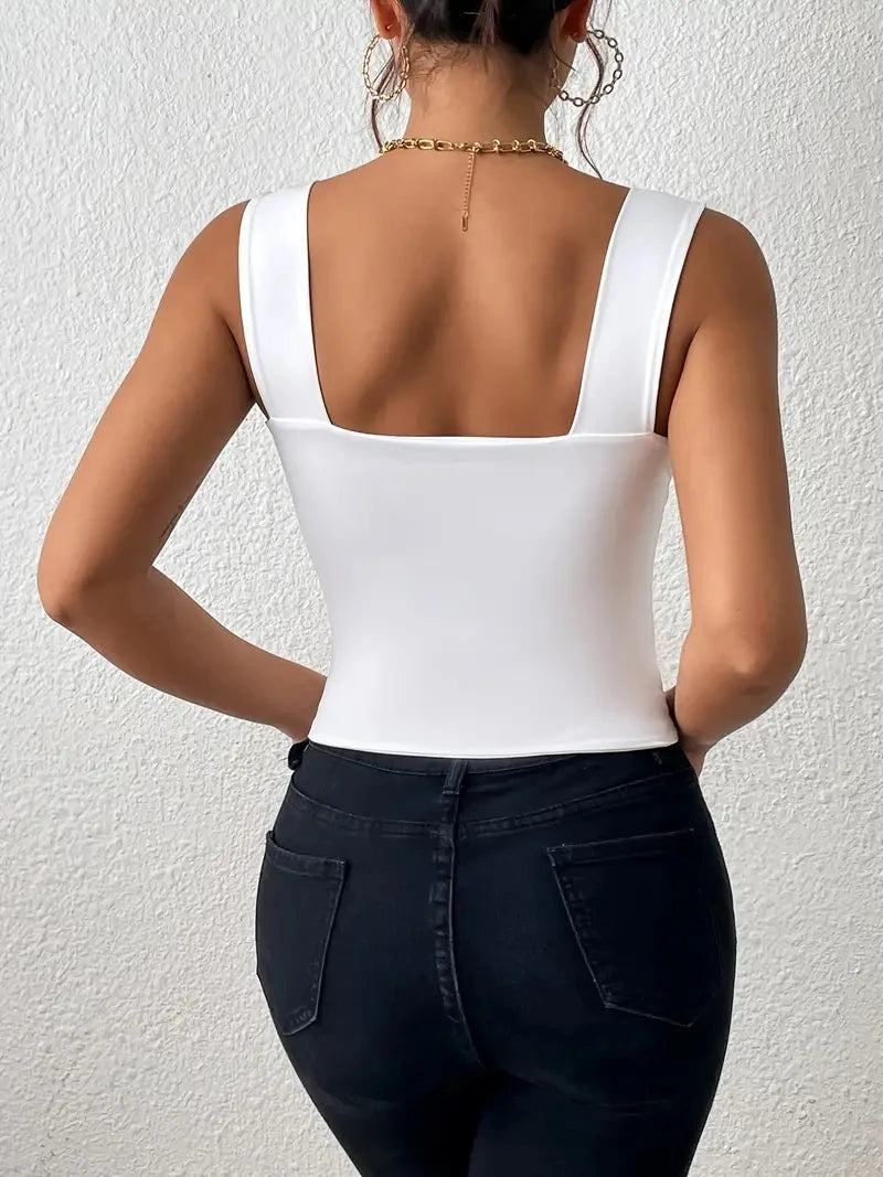 Square Neck Sleeveless Summer Crop Top White Black Women Casual Basic T Shirt Off Shoulder Cami Sexy Backless Tank Top