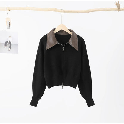 Chic Knitted Cardigan: PU Collar, Loose Sweater for 2024 Autumn