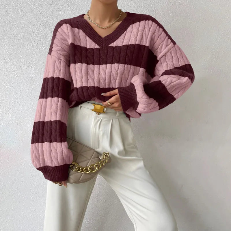2025 Womens Stripe Knitted Sweater Long Sleeve V Neck Cropped Top Loose Fit Spring Versatile Warm Knit