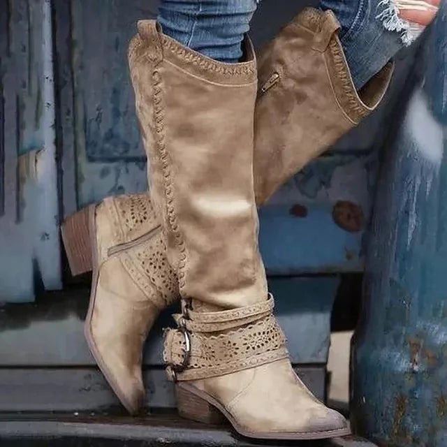 Hollow Out Big Buckle New Western Cowboy Boots For Women