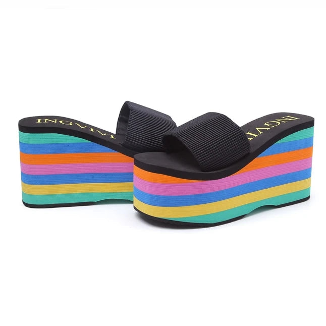 Women Rainbow Slippers High Heels Flip Flop Wedge Slippers Summer 10cm Heels Platform Slippers Flip Flops Womens Slides