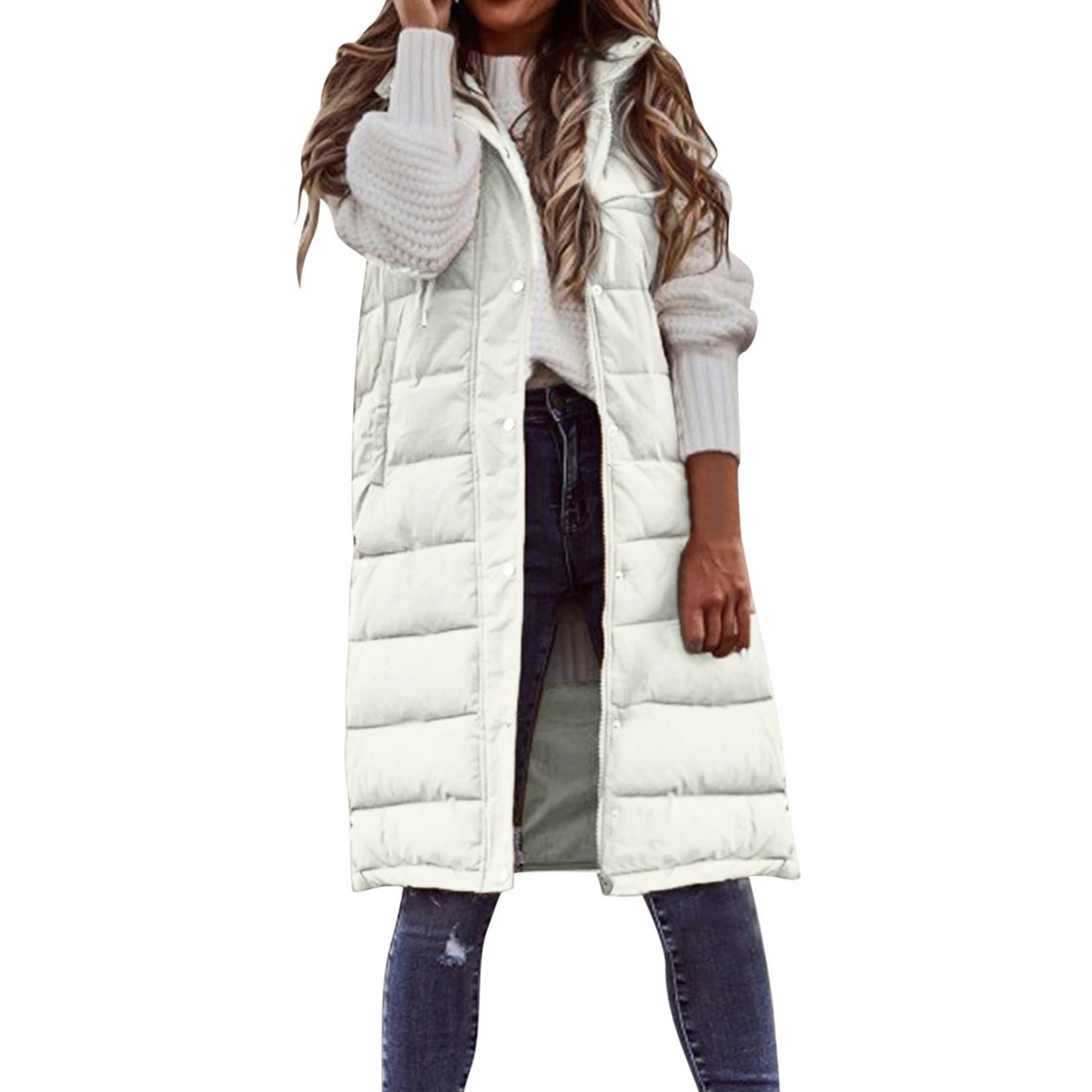 2025 Womens Long Winter Quilted Hooded Vest Sleeveless Down Cotton Jacket With Pockets Warm Outdoor Coat S 5xl