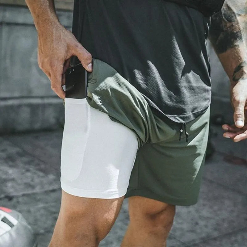 Mens Quick Dry 2 In 1 Gym Workout Style Shorts