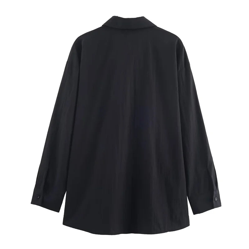 2025 Womens Loose Fit Long Sleeve Shirt Unique Niche Design Non Symmetric Black Top