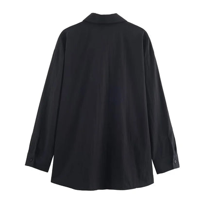 2025 Womens Loose Fit Long Sleeve Shirt Unique Niche Design Non Symmetric Black Top