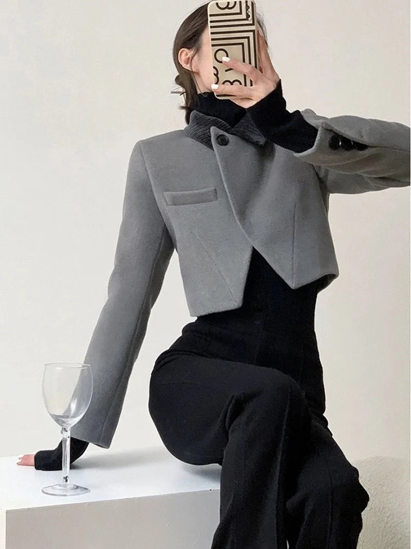 French Design Grey Cropped Tweed Blazer Jacket For Women