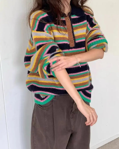 Vintage Cool Design Contrast Stripe Lace Up V Neck Sweater