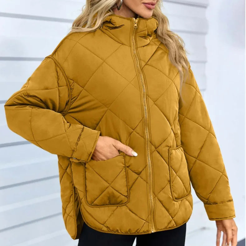 Autumn Winter European Style Womens Cotton Padded Coat Round Neck Loose Fit Solid Color Diamond Check Pattern Casual Outerwear