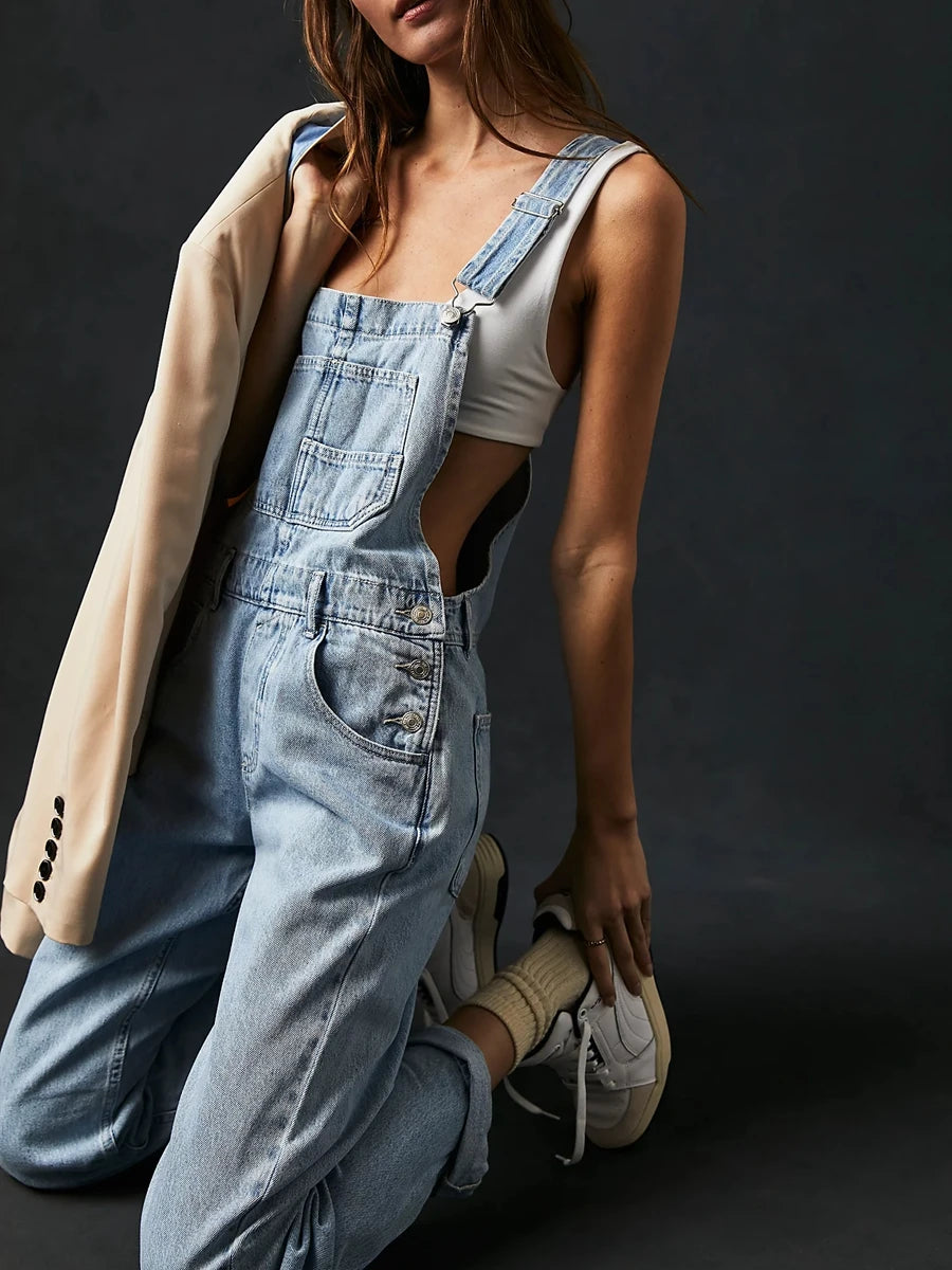 Denim Elegance: Slim-Fit Jean-Skirt Jumpsuit with Adjustable Straps