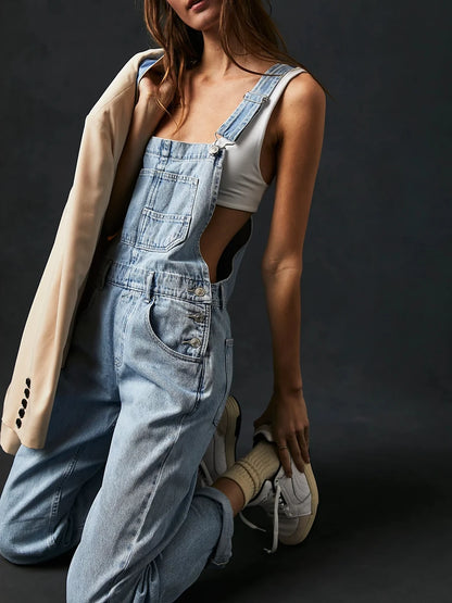 Denim Elegance: Slim-Fit Jean-Skirt Jumpsuit with Adjustable Straps