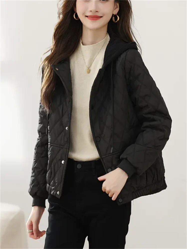 Womens Short Quilted Jacket O Neck Loose Fit Contrast Color Coat Casual Single Breasted Chic Outerwear