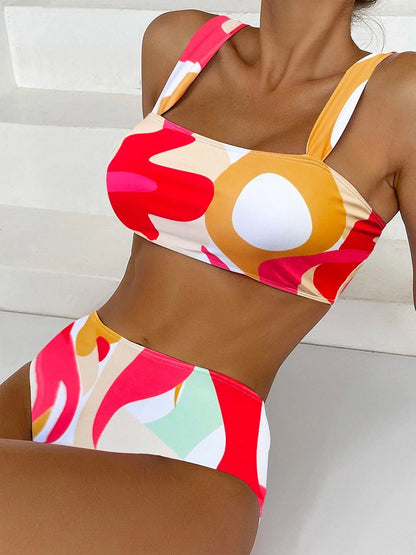 Pastel Abstract Retro Print High Waist Bikini Aesthetic