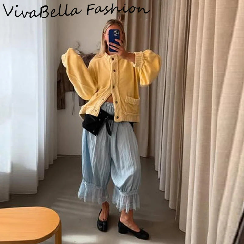 Women Elegant Lantern Sleeve Cardigans