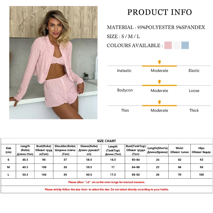 Womens 3 Piece Sleepwear Set O Neck Long Sleeve Nightie Tank Tops Shorts Pajamas For Cozy Nights