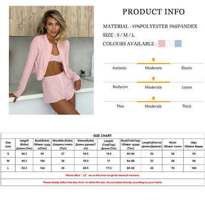 Womens 3 Piece Sleepwear Set O Neck Long Sleeve Nightie Tank Tops Shorts Pajamas For Cozy Nights