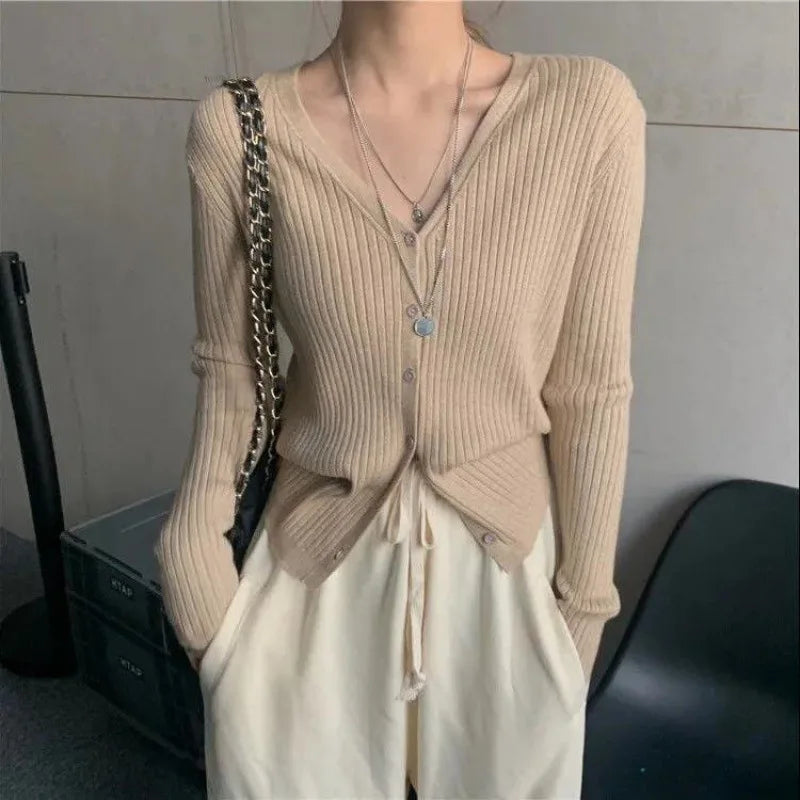 New Spring Autumn Solid Cardigan Sweater For Women V Neck Long Sleeve Single Breasted Short Coat Knit Clothing